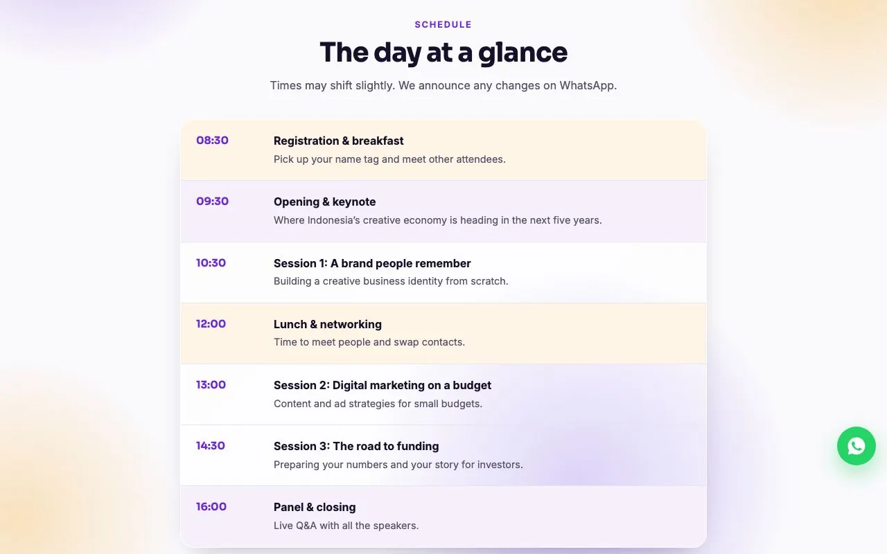 Hour-by-hour event rundown.