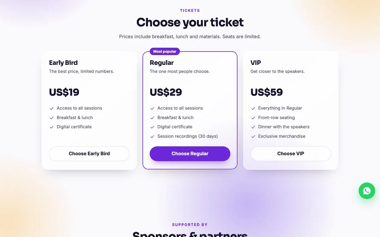 Three ticket options with prices and perks.