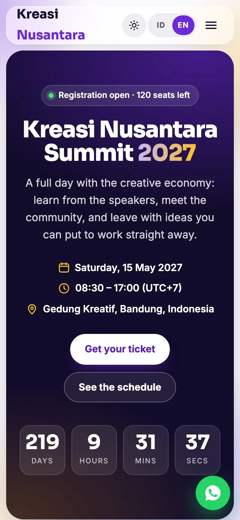 The same Event & Webinar template on a phone screen.