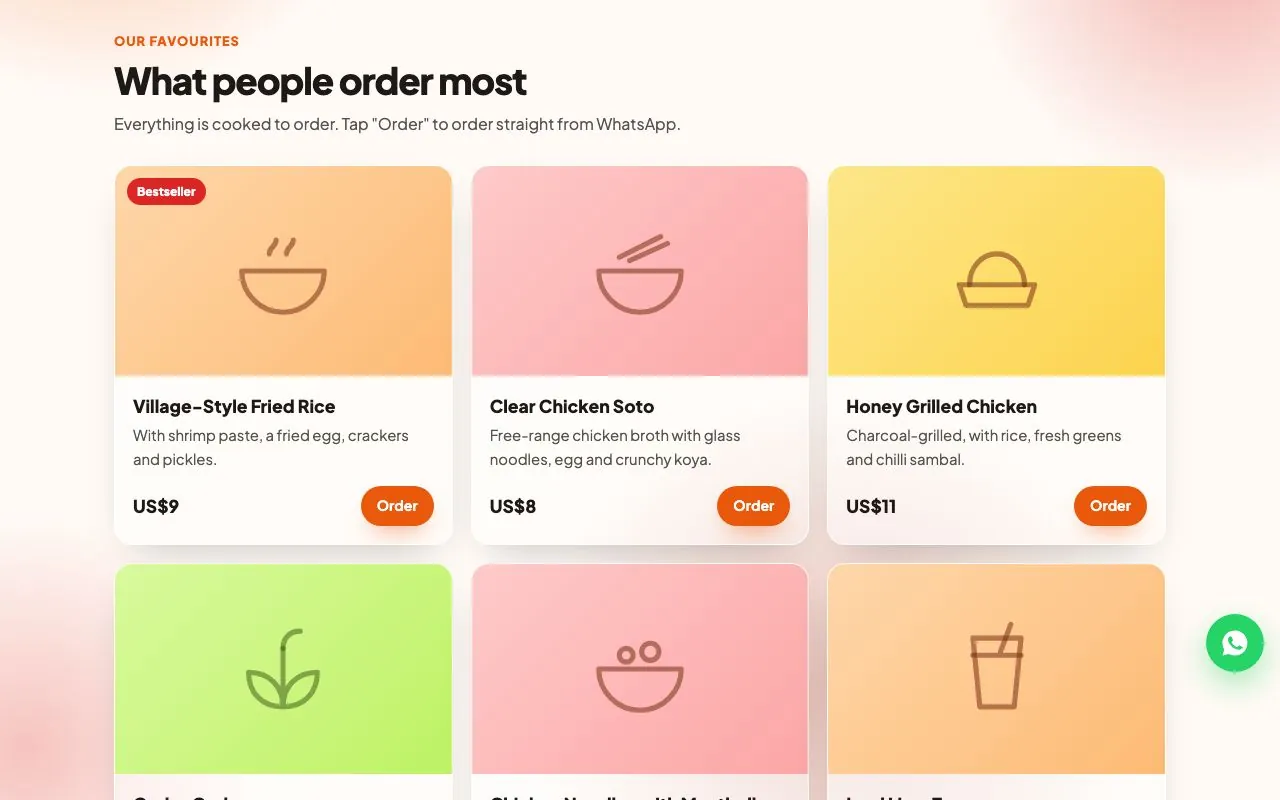 The signature menu section with menu cards and Order buttons.