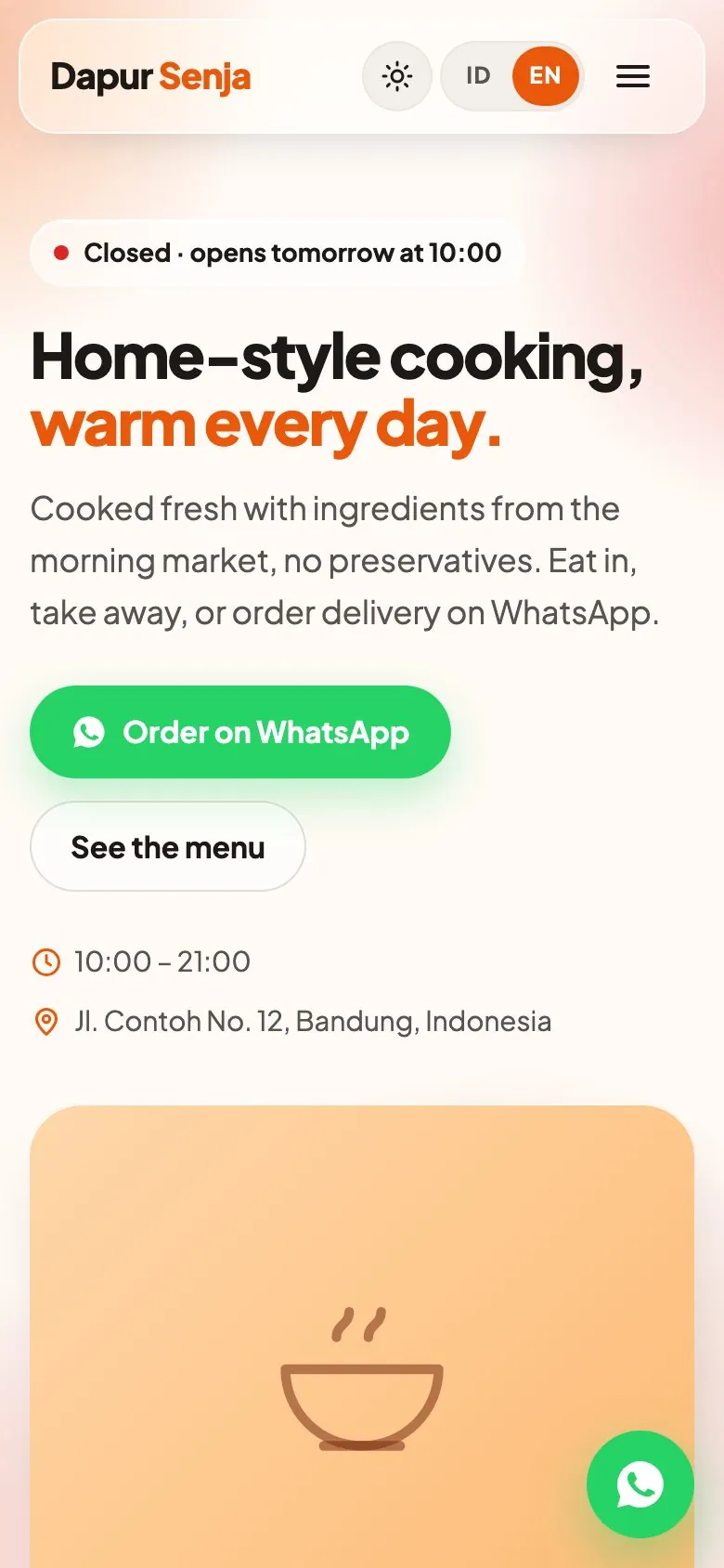The same Restaurant & Café template on a phone screen.