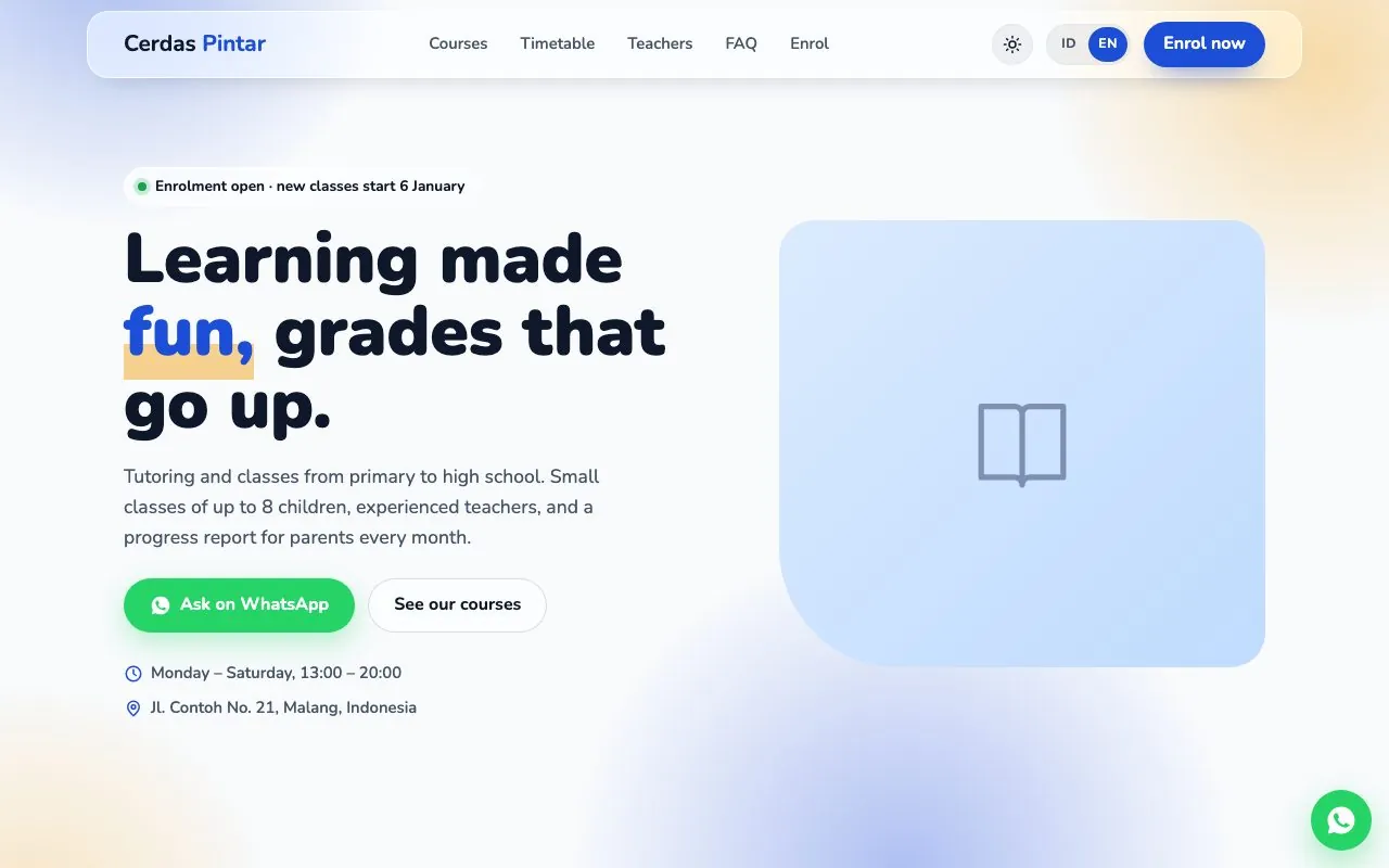 The top of the Tutoring & Courses template on a computer.