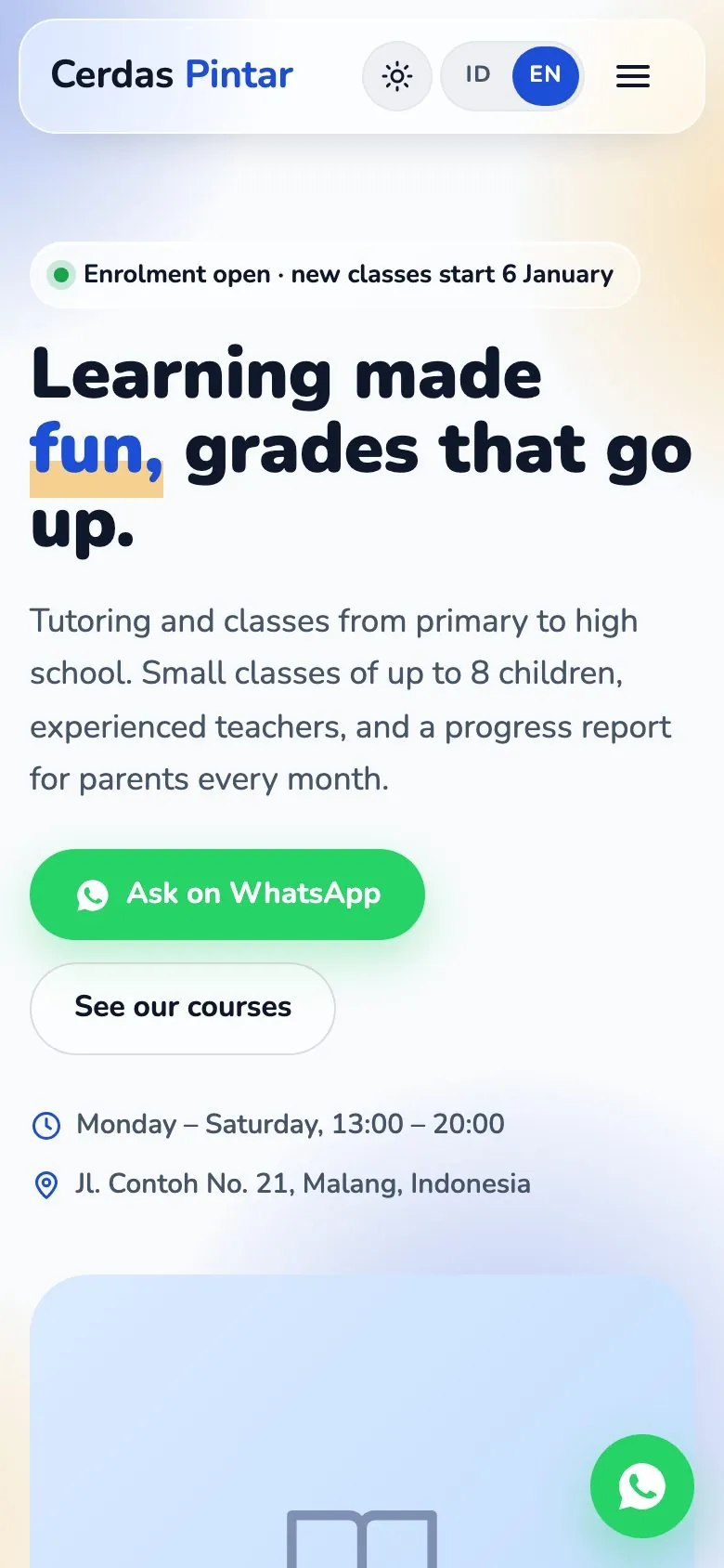 The same Tutoring & Courses template on a phone screen.