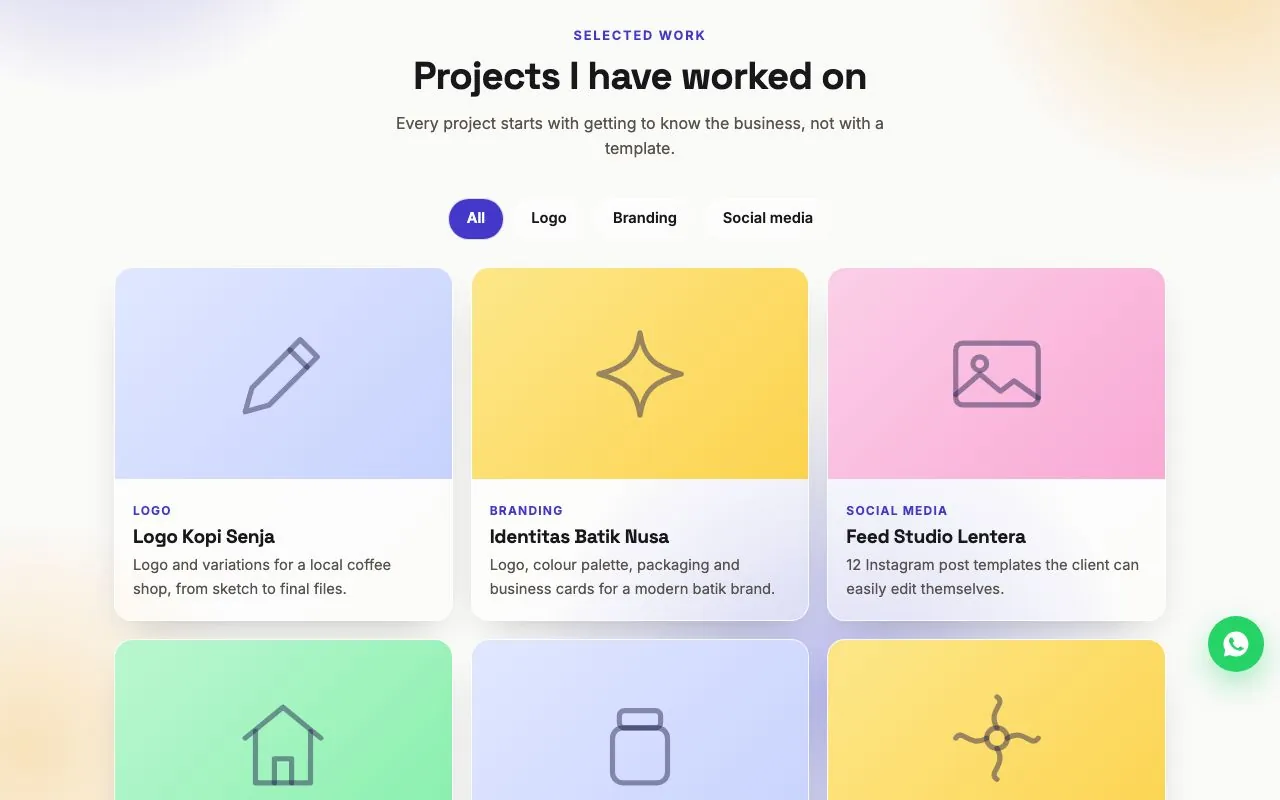 Selected work with category filters.