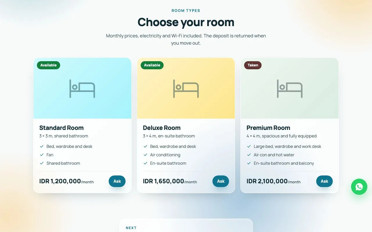 Three room types with prices and available or full status.