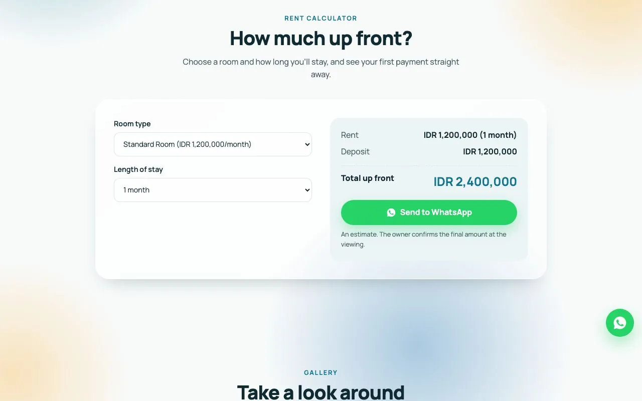 Rent calculator with the upfront total.