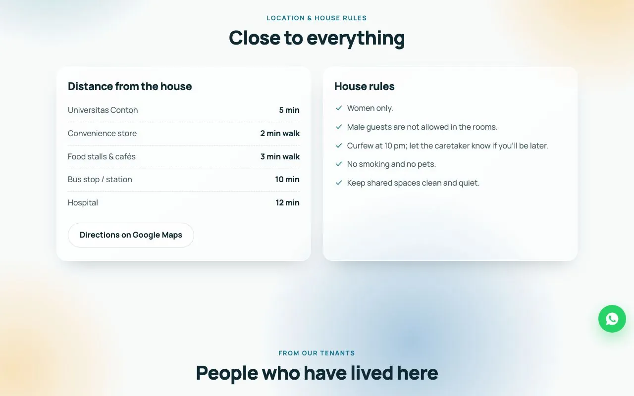 Distances to key places and house rules.