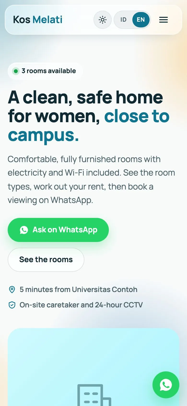 The same Rental & Homestay template on a phone screen.
