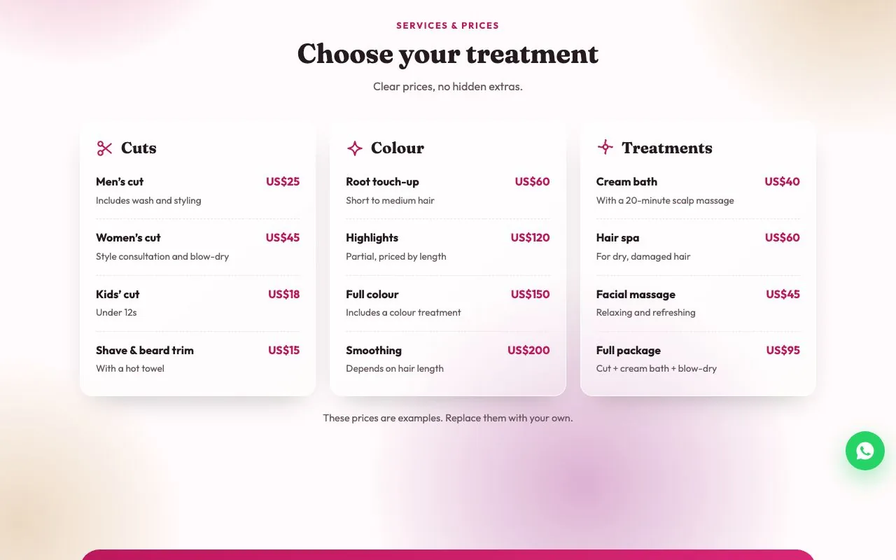 Price list for cuts, colour and treatments.