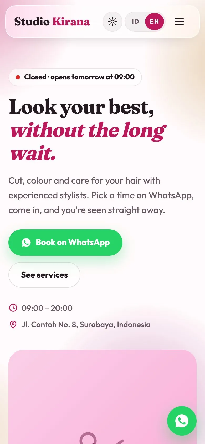 The same Salon & Barbershop template on a phone screen.