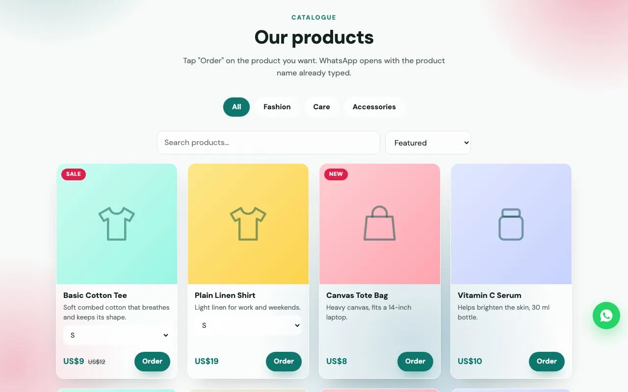 Product catalogue with category filters and Order buttons.