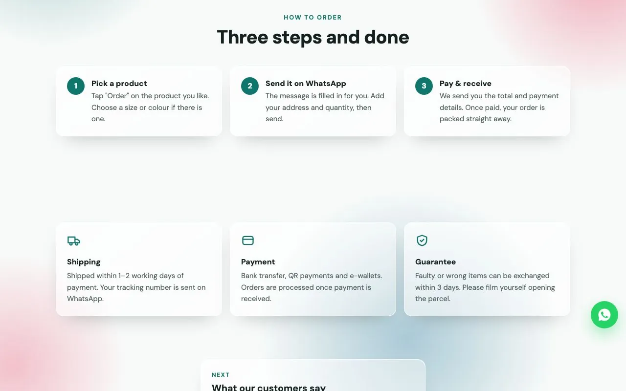 Three how-to-order steps and shipping info.