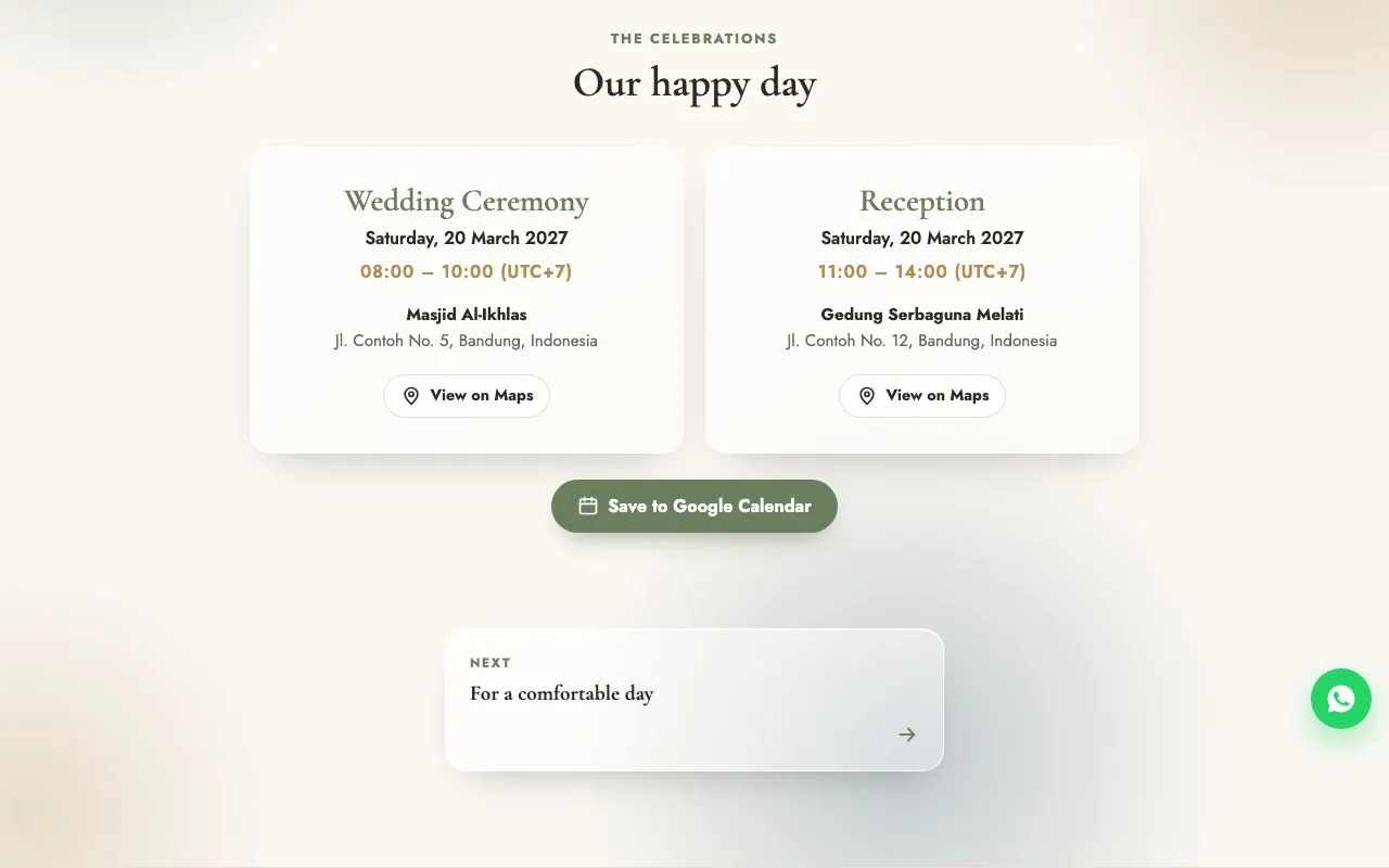Ceremony and reception schedule with Google Maps and calendar buttons.