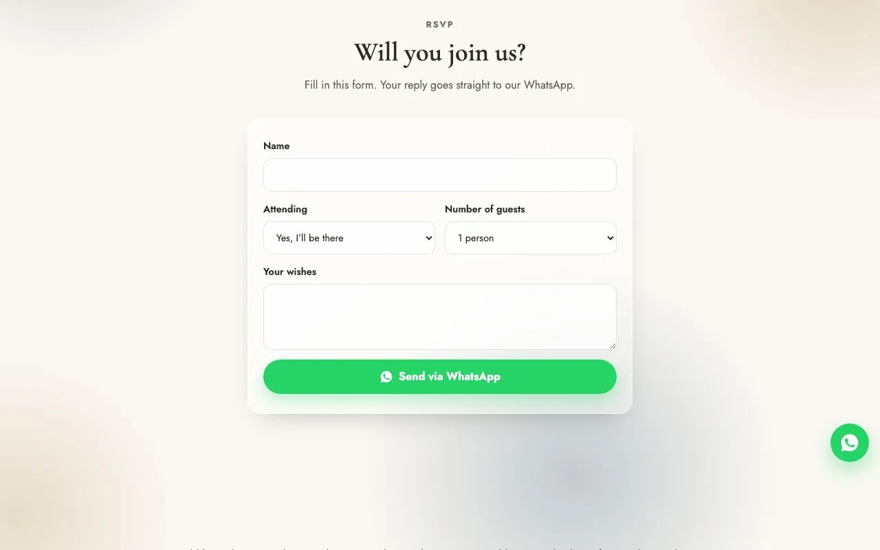 RSVP form for confirming attendance on WhatsApp.